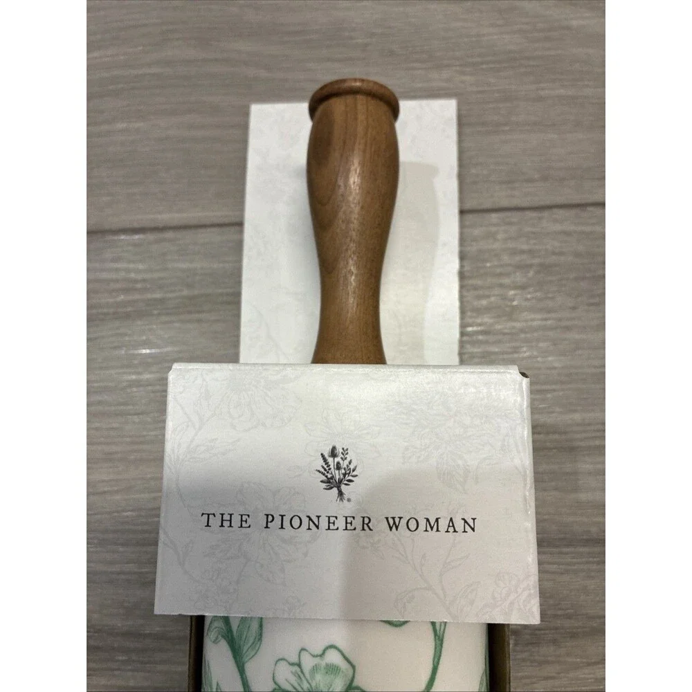 NEW-Pioneer Woman AGATHA Green Rolling Pin-Olivewood Handles-Butterflies